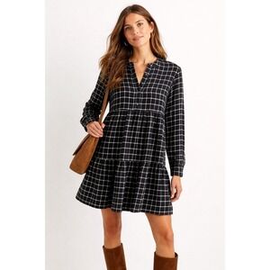 Madewell Black White Windowpane Plaid Flannel Tiered Mini Babydoll Dress Medium